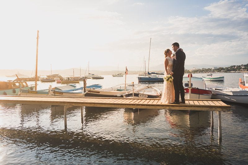 Cap d'Antibes Couple portrait at sunset surrounded by vintage boats 