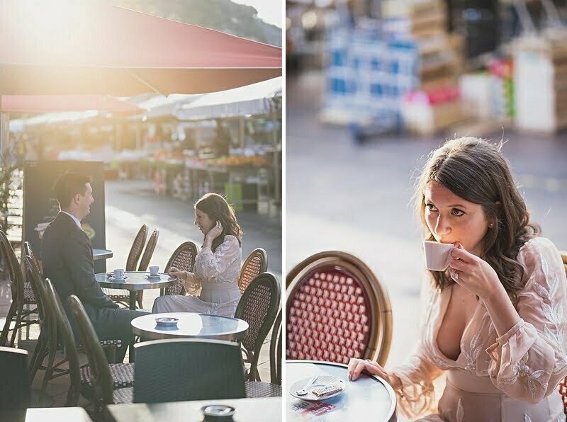 Where to Propose in Nice? A Local Photographer’s Guide to an Unforgettable Moment 13 Couple enjoy a morning cafe in Vieux-Nice during their wedding anniversary pictures in Nice