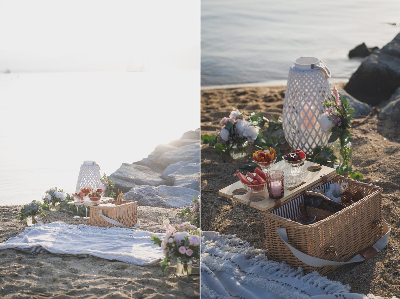 Saint Tropez Picnic on the beach with french food vine and flowers