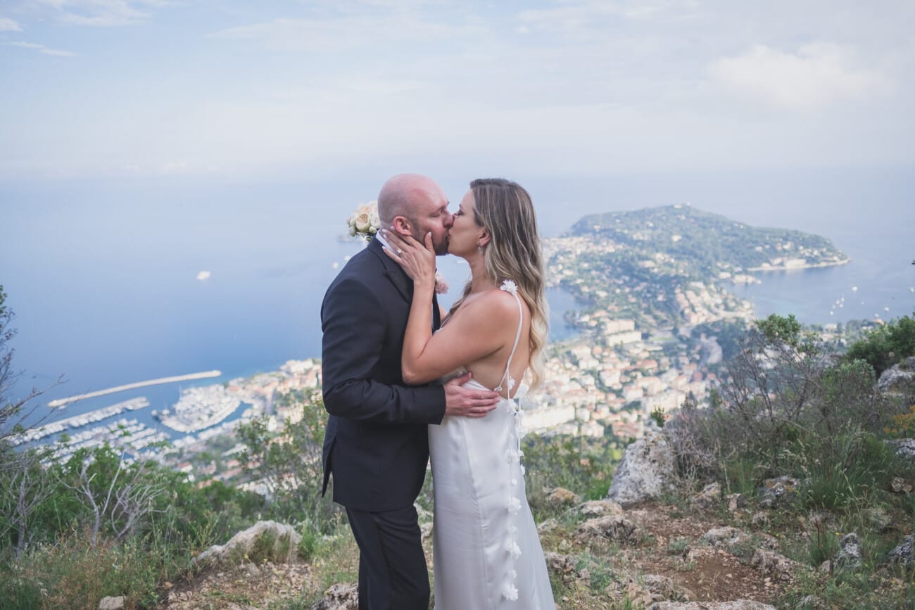 emotional elopement moment overlooking Villefranche-sur-Mer bay