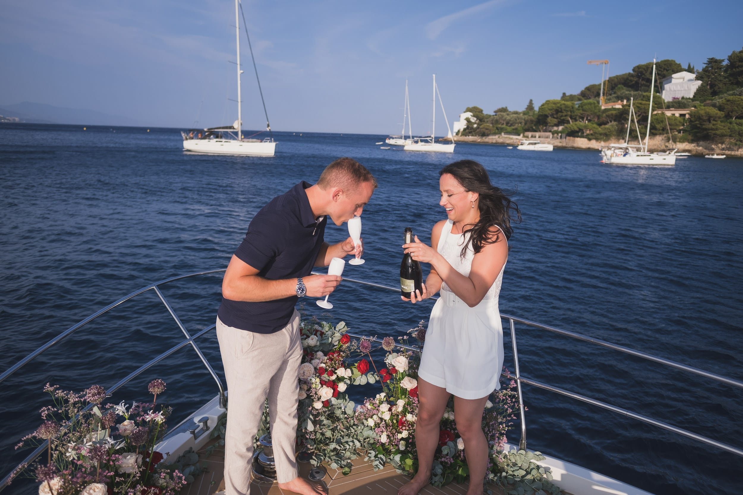 French Riviera Sunset Yacht Proposal 19 Luxurious French Riviera yacht proposal planned with flowers and champagne near Saint-Jean-Cap-Ferrat by photographer Wildroses