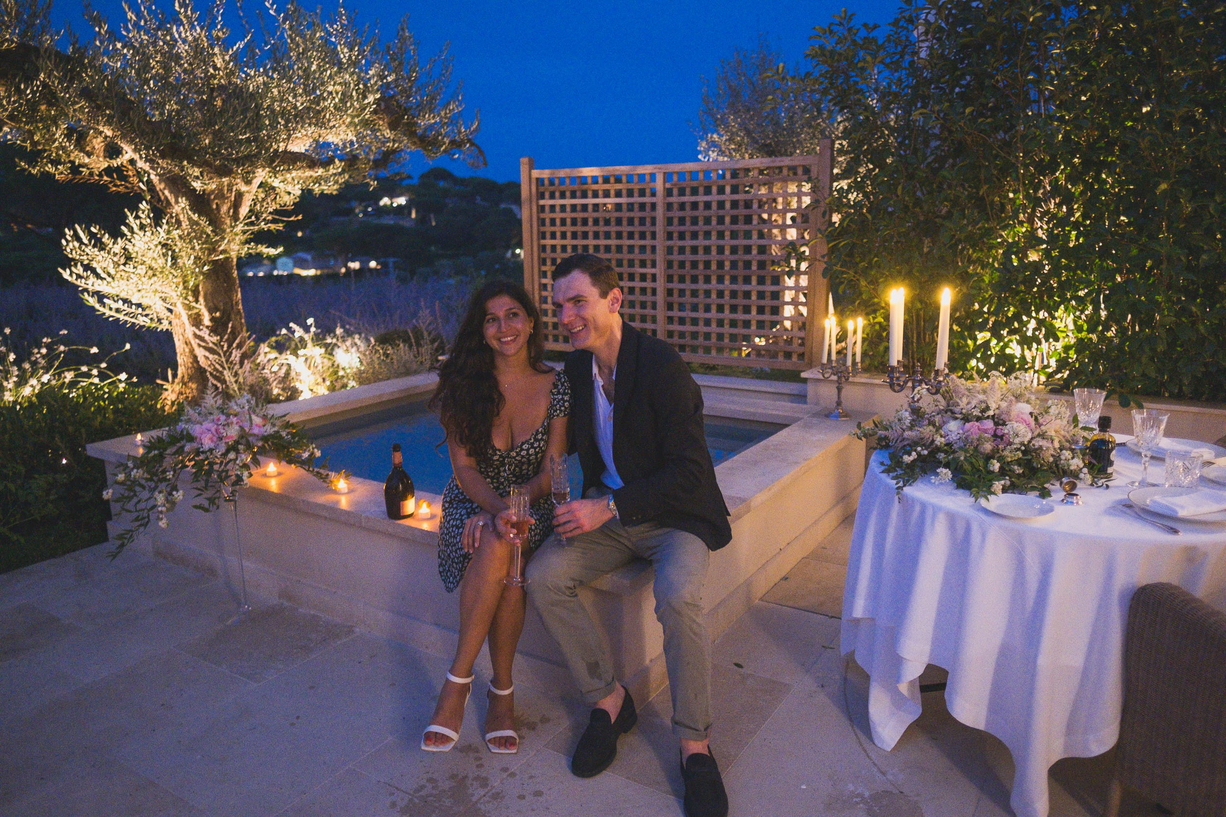 Château de la Messardière emotional Proposal celebrating with Champagne