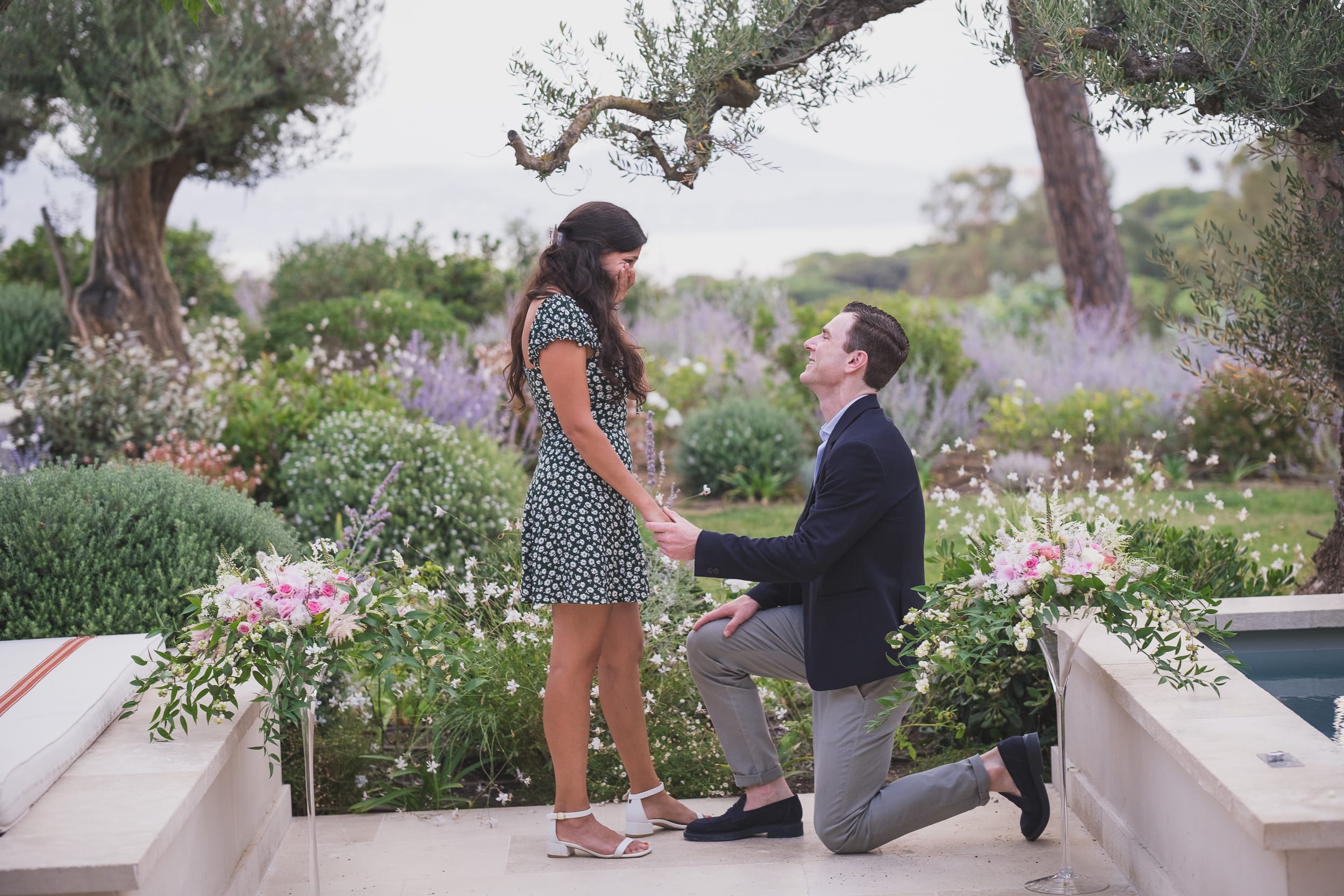 Proposal at Château de la Messardière emotional kneeling 