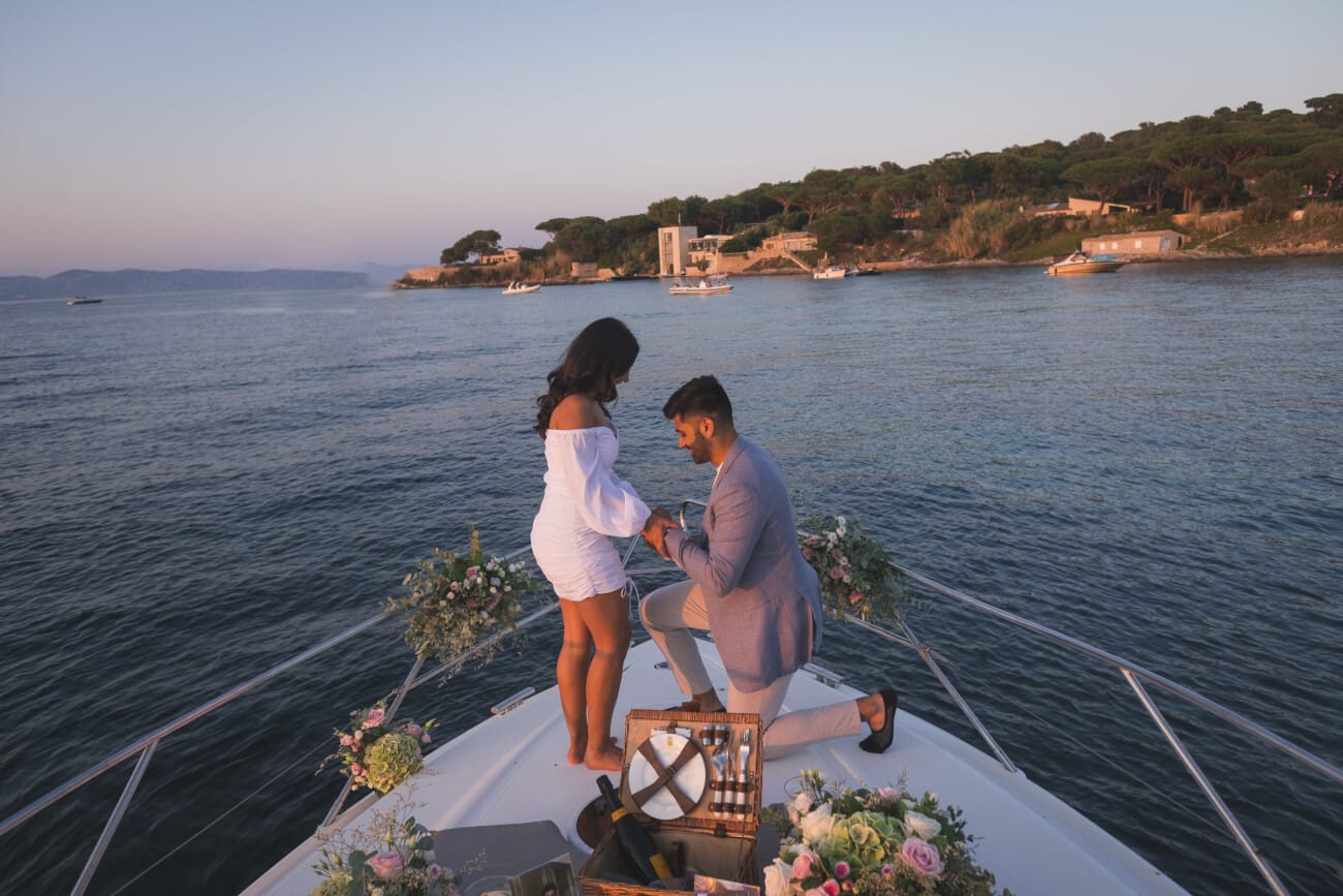 Saint-Tropez Yacht Proposal at sunset with floral decoration and champagne
