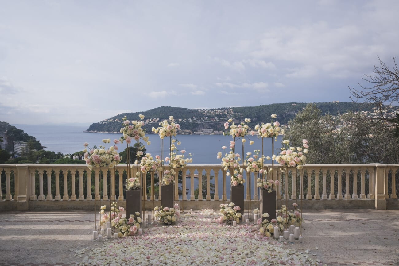 Luxury proposal setup at sunset in Villa Ephrussi, Saint-Jean-Cap-Ferrat, captured by WildRoses photographer.
