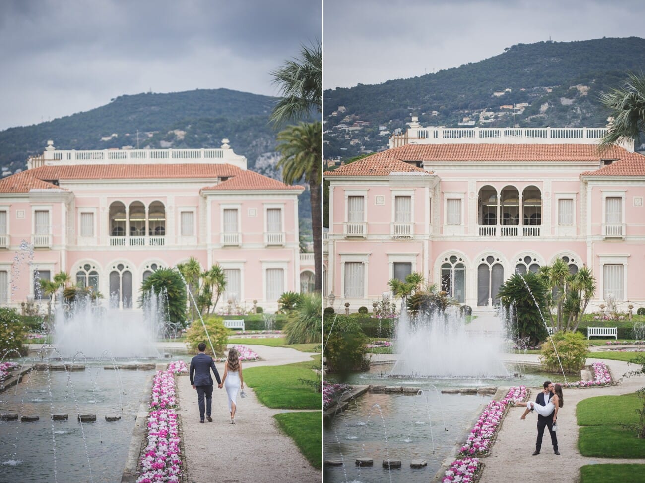 Engagement moment by the musical fountains in the French Garden of Villa Ephrussi, with ocean backdrop.