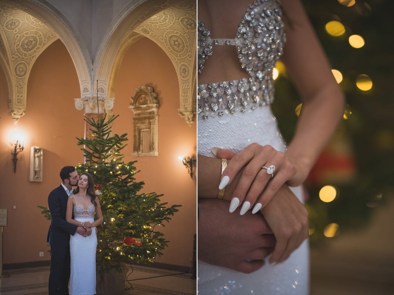 Christmas proposal at Villa Ephrussi on the French Riviera with Christmas tree next to them