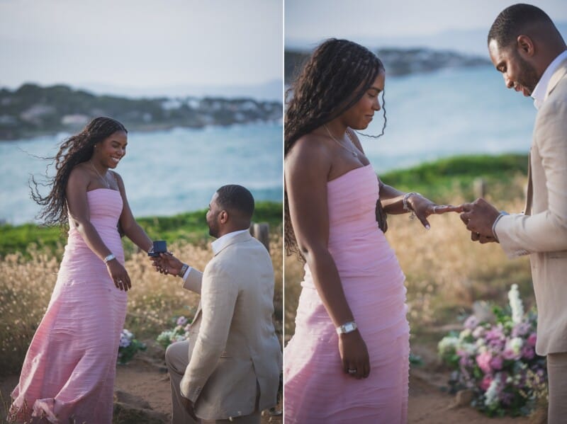 Antibes Seaside proposal on the French Riviera with pink flowers and champagne