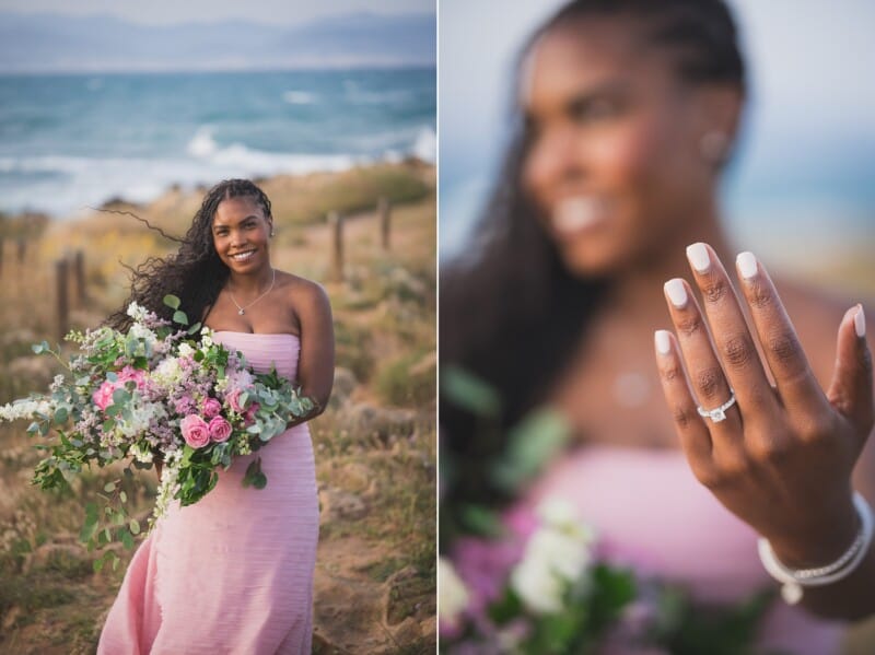 Antibes Seaside proposal on the French Riviera with pink flowers and champagne
