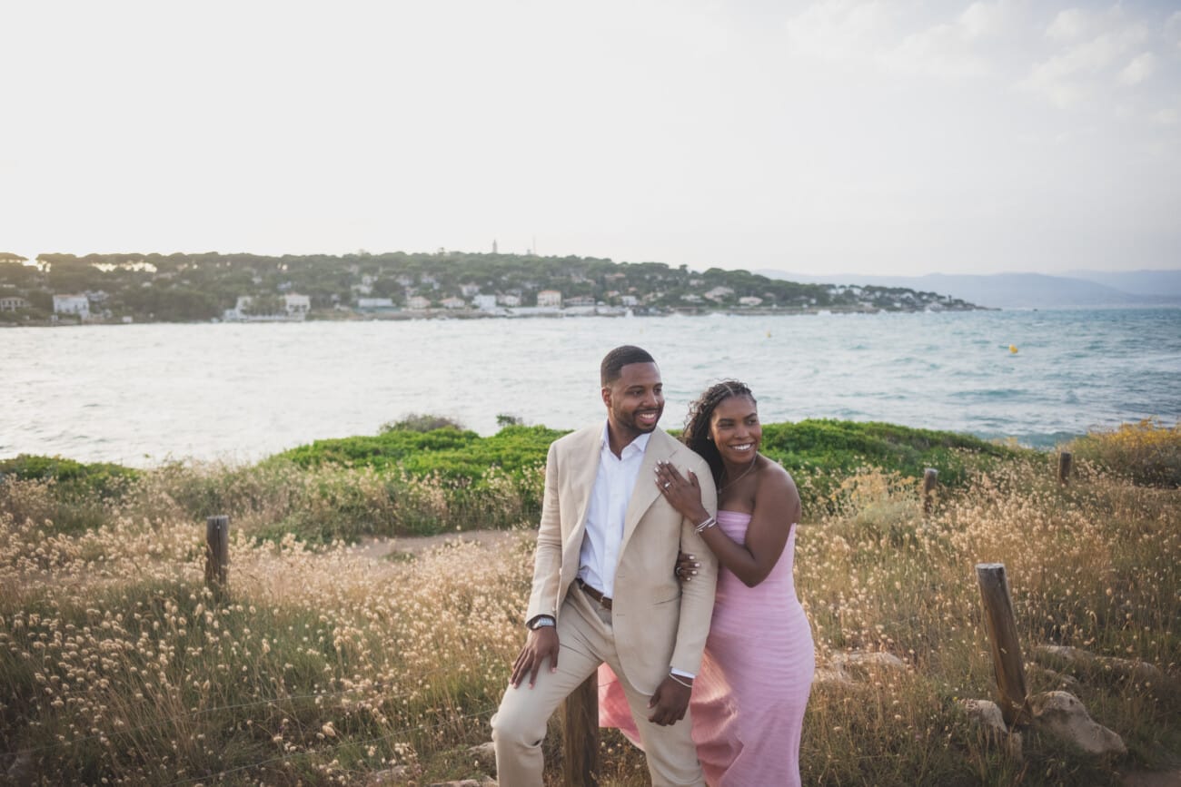 French riviera seaside proposal from Cap d'Antibes Peninsula, before their celebration dinner at Eden Roc