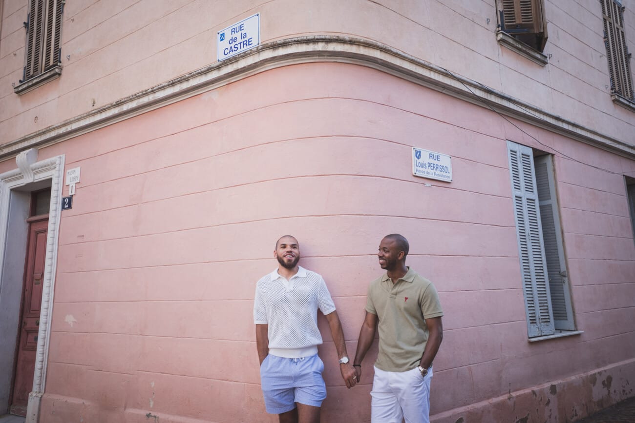 Morning intimate French Riviera same-sex proposal strolling Le Suquet streets in Cannes
Proposal planning and photography Wildroses