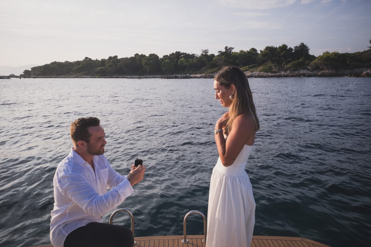 Cannes Yacht Proposal Celebration at sunset in between Lérins Island.
French Riviera proposal Photographer and French Riviera proposal Planner WildRoses