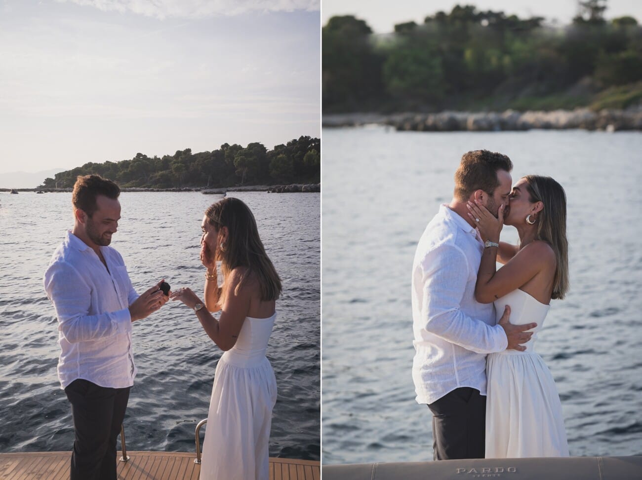 Cannes Yacht Proposal Celebration at sunset in between Lérins Island.
French Riviera proposal Photographer and French Riviera proposal Planner WildRoses
