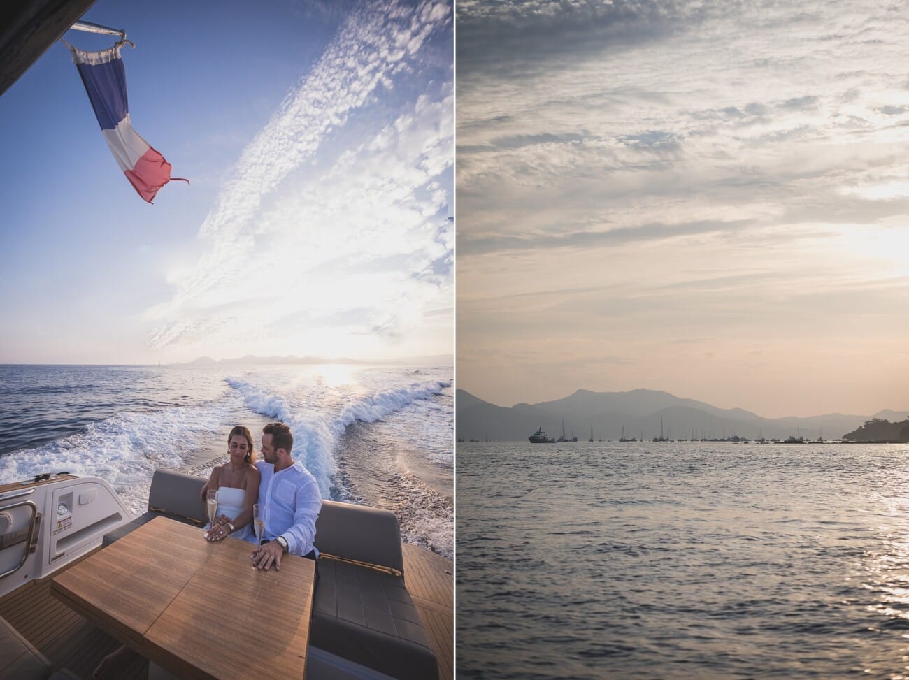 Cannes Yacht Proposal Celebration at sunset in between Lérins Island.
French Riviera proposal Photographer and French Riviera proposal Planner WildRoses