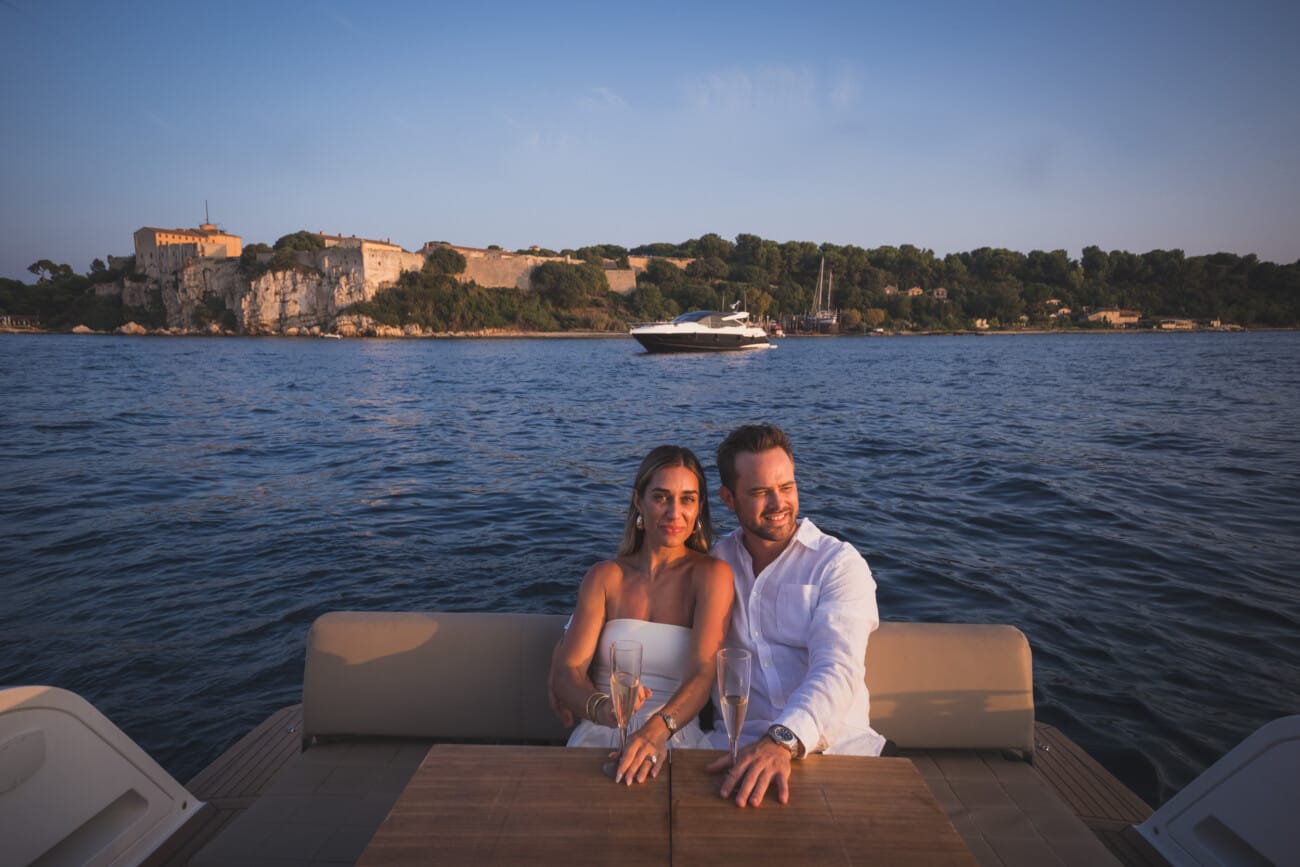 Cannes Yacht Proposal Celebration at sunset in between Lérins Island.
French Riviera proposal Photographer and French Riviera proposal Planner WildRoses