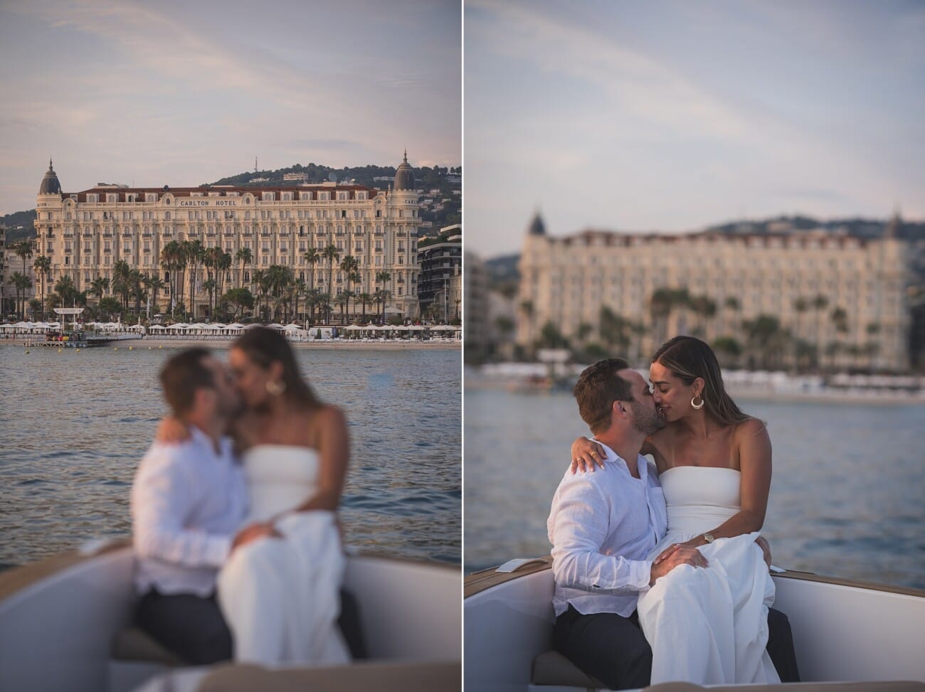 Kiss on a yacht with Cannes Hotel in the backdrop after their proposal near Lérins Islands