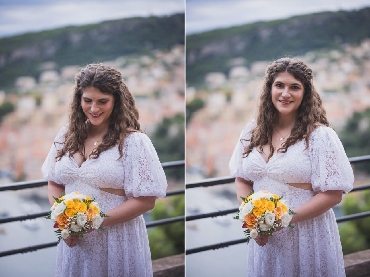 Villefranche-sur-Mer colourful intimate seaside Elopement on the French Riviera seaside - bide with her bouquet