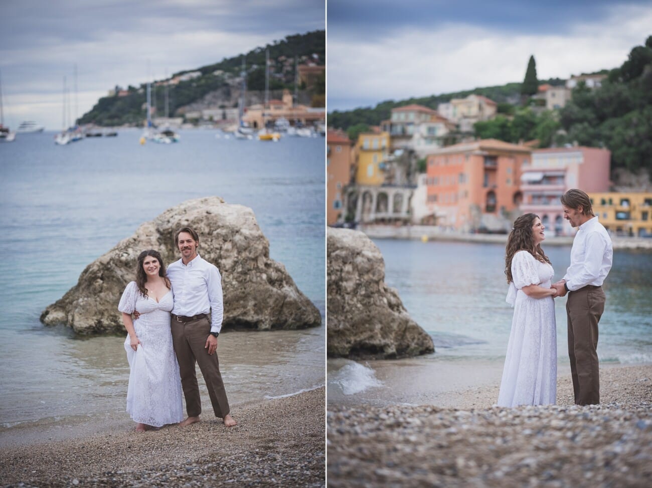 Romantic and simple French Riviera Elopement by the water with colourful Villefranche-sur-Mer port town in the backdrop