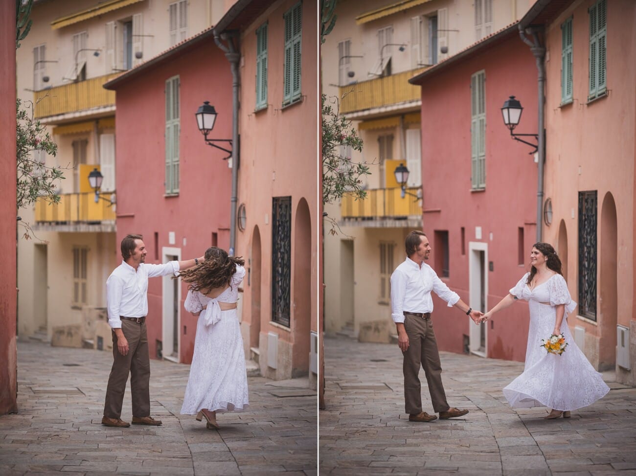 joyful candid moment on Villefranche pebble beach elopement