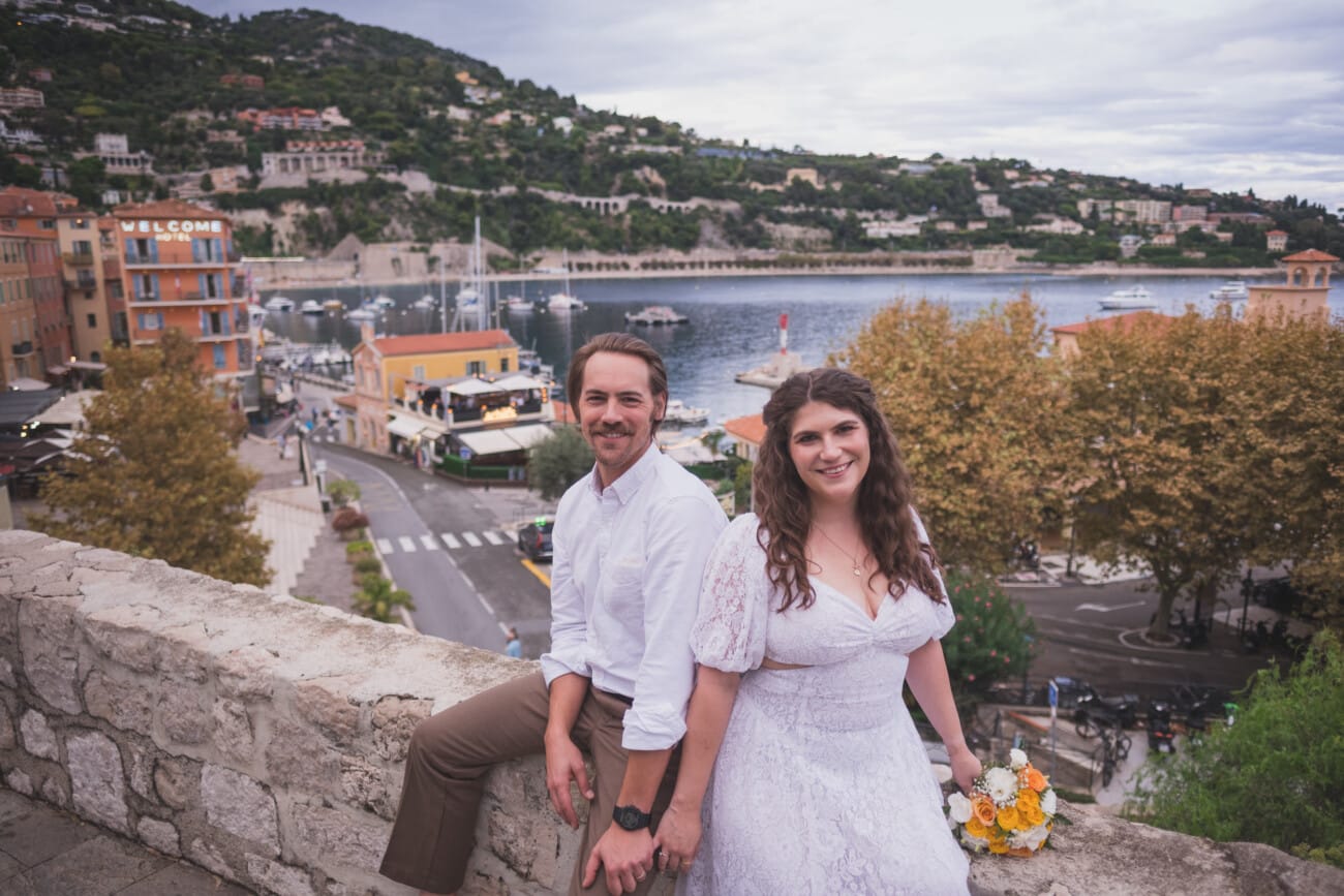 luxury French Riviera elopement captured at hidden viewpoint above the bay