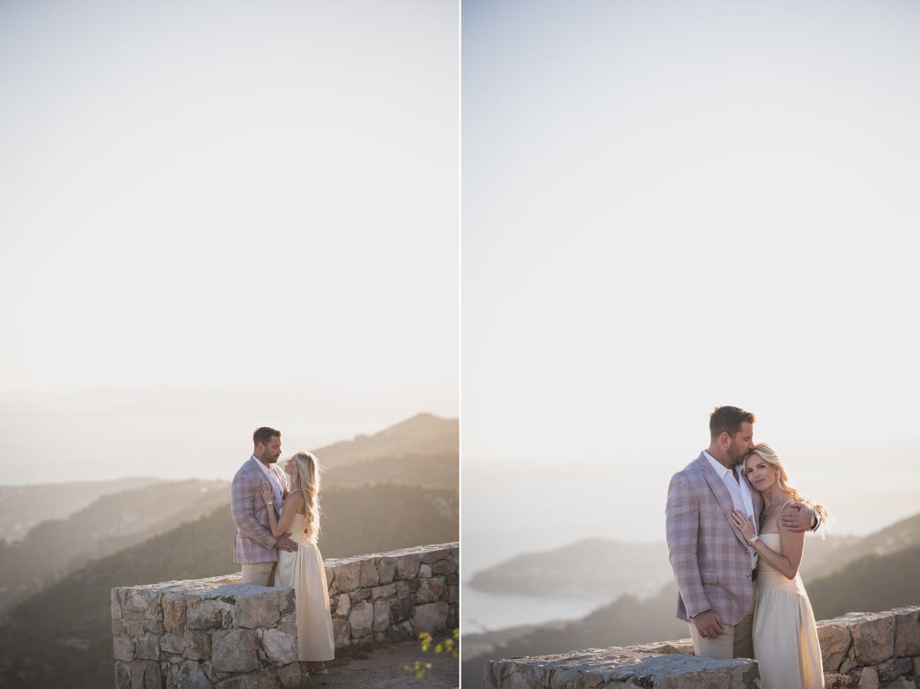 secret hug after their French Riviera fall proposal overlooking Eze and the coastline
