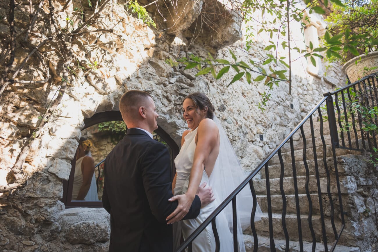 An Intimate French Riviera Elopement at Château Eza: An Afternoon Love Story 2 Intimate Elopement first look of bride and groom on the French Riviera staying and celebrating at Chateau Eza