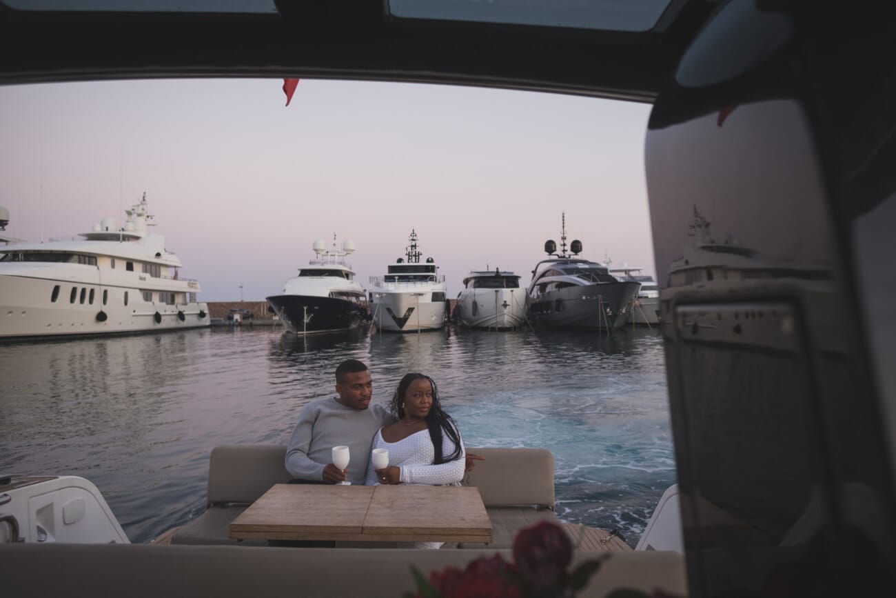 A Romantic Proposal on a Yacht between the Lérins Islands 26 Couple enjoying sunset on yacht after an intimate French Riviera Yacht proposal near Cannes.
Planning and Photography by WildRoses Studio.