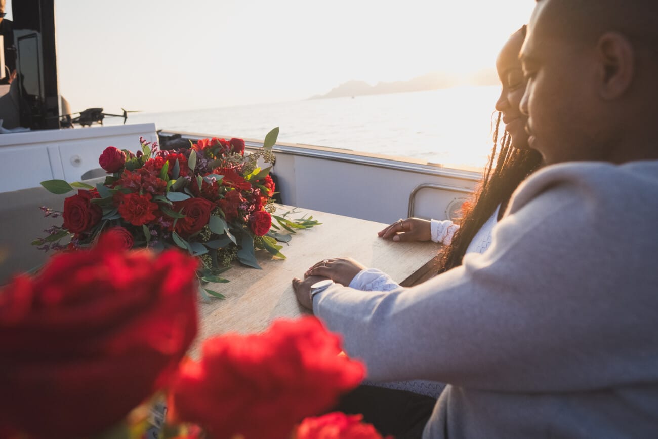 A Romantic Proposal on a Yacht between the Lérins Islands 19 Romantic yacht setting with flowers.
Cannes Proposal planning and Photography WildRoses Studio