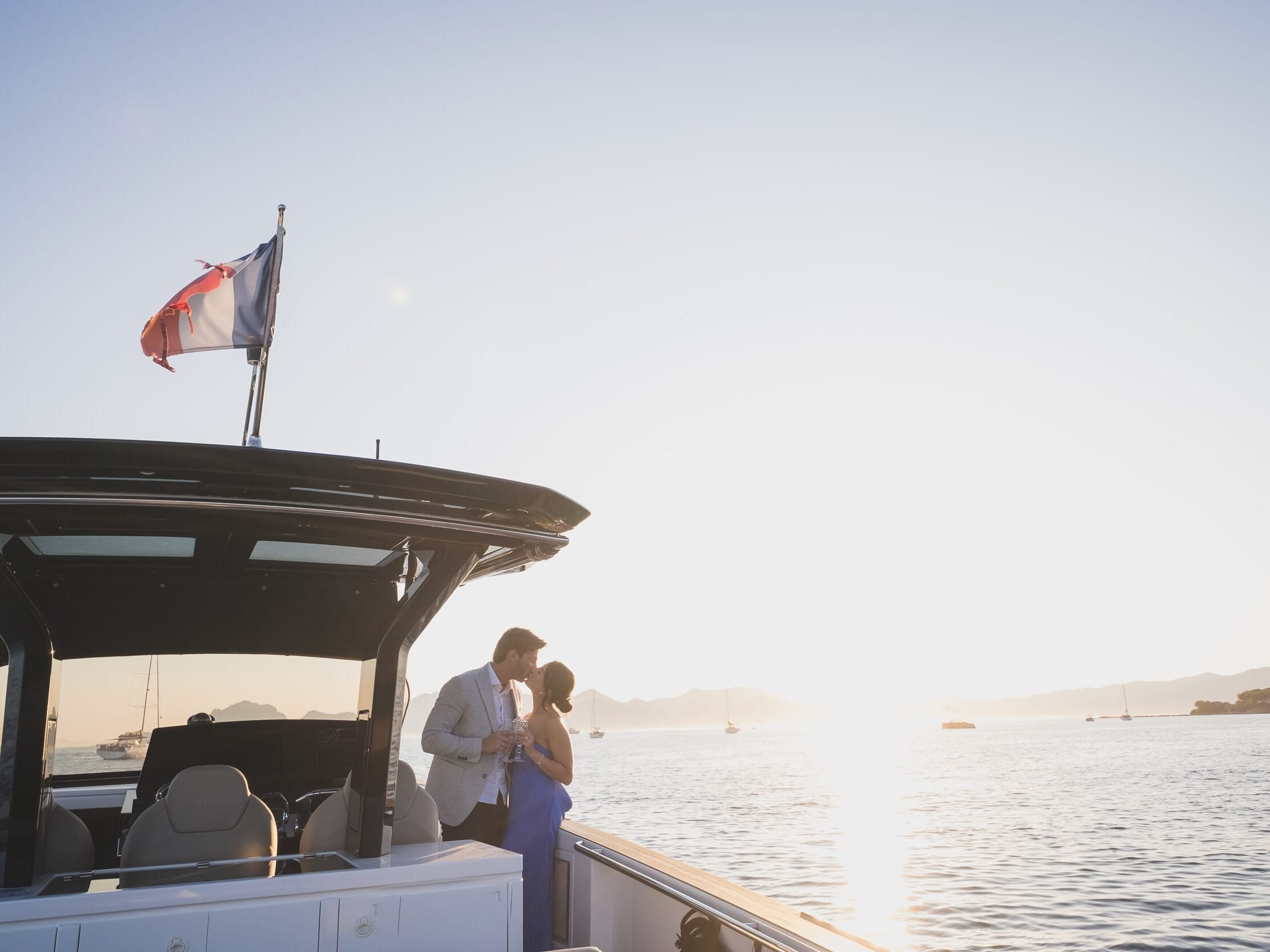Cannes Yacht Proposal between Lérins Island at sunset during Cannes Yacht festival