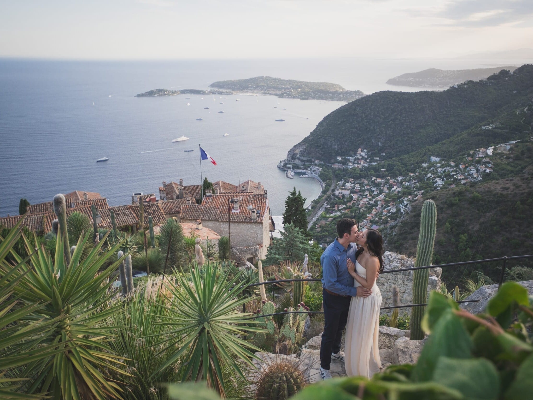 Surprise wedding proposal at sunset in the Exotic Garden of Eze, French Riviera.