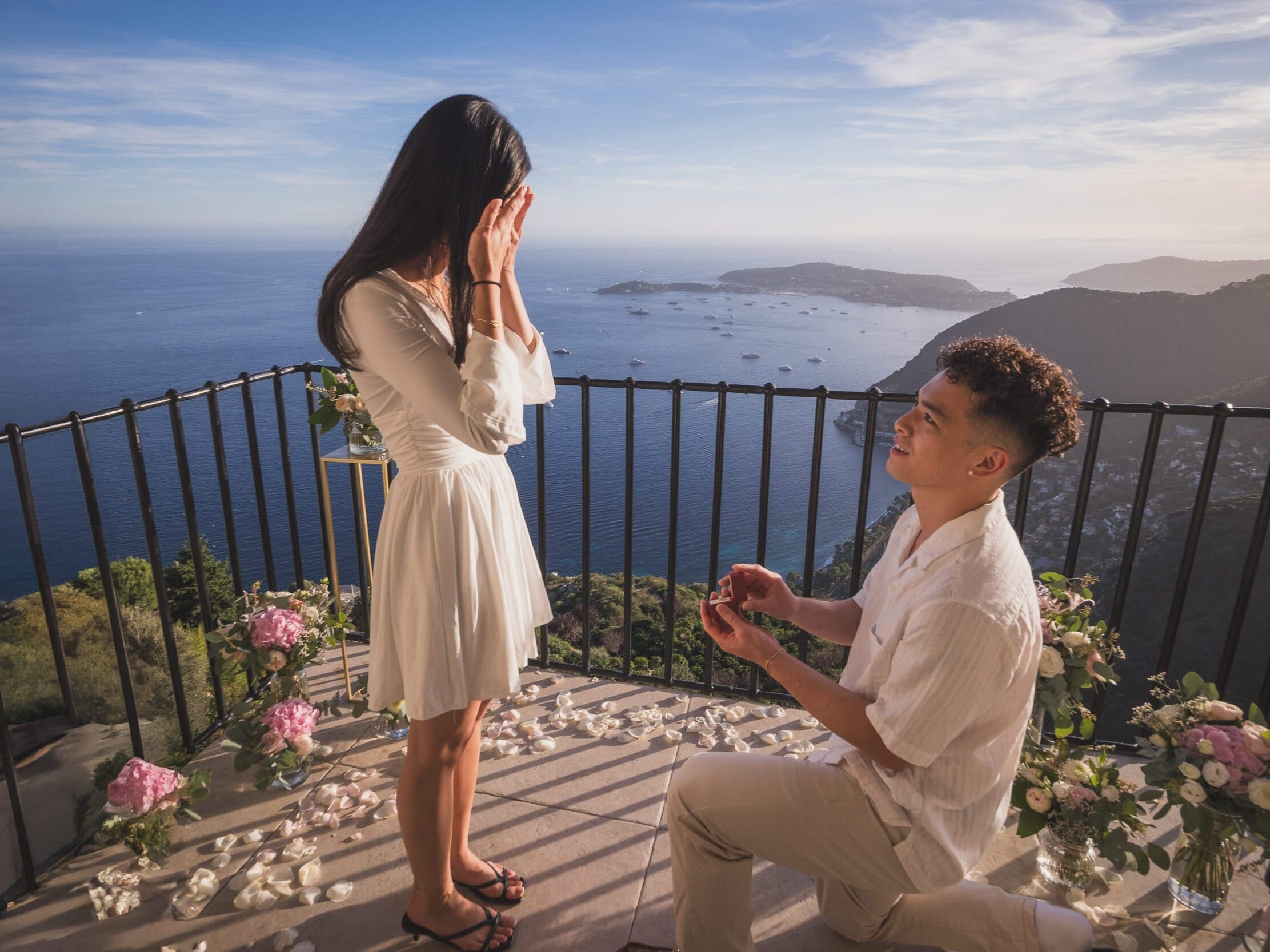 emotional proposal at chateau Eza, with flowers, overlooking the French Riviera 
