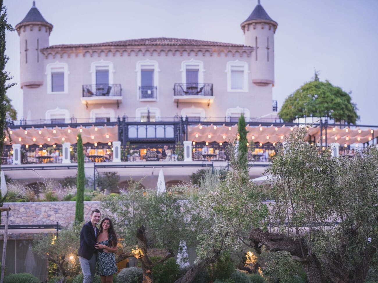 intimate Proposal in Chateau de la Messardière garden, overlooking Pampelonne beach.