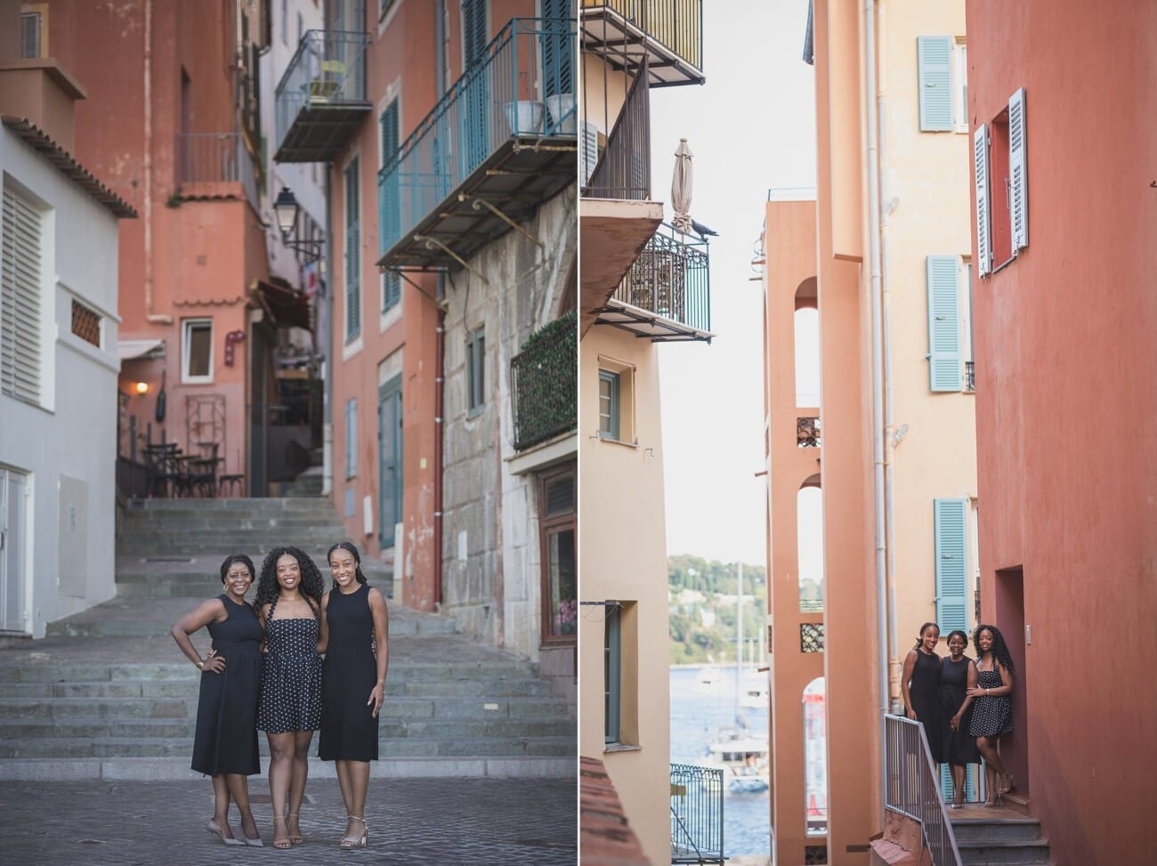 The Ultimate Girls’ Trip: A Mother and Daughters’ Legacy Session on the French Riviera 13 Group portrait of three women in front of the iconic terracotta and ochre buildings of the French Riviera.