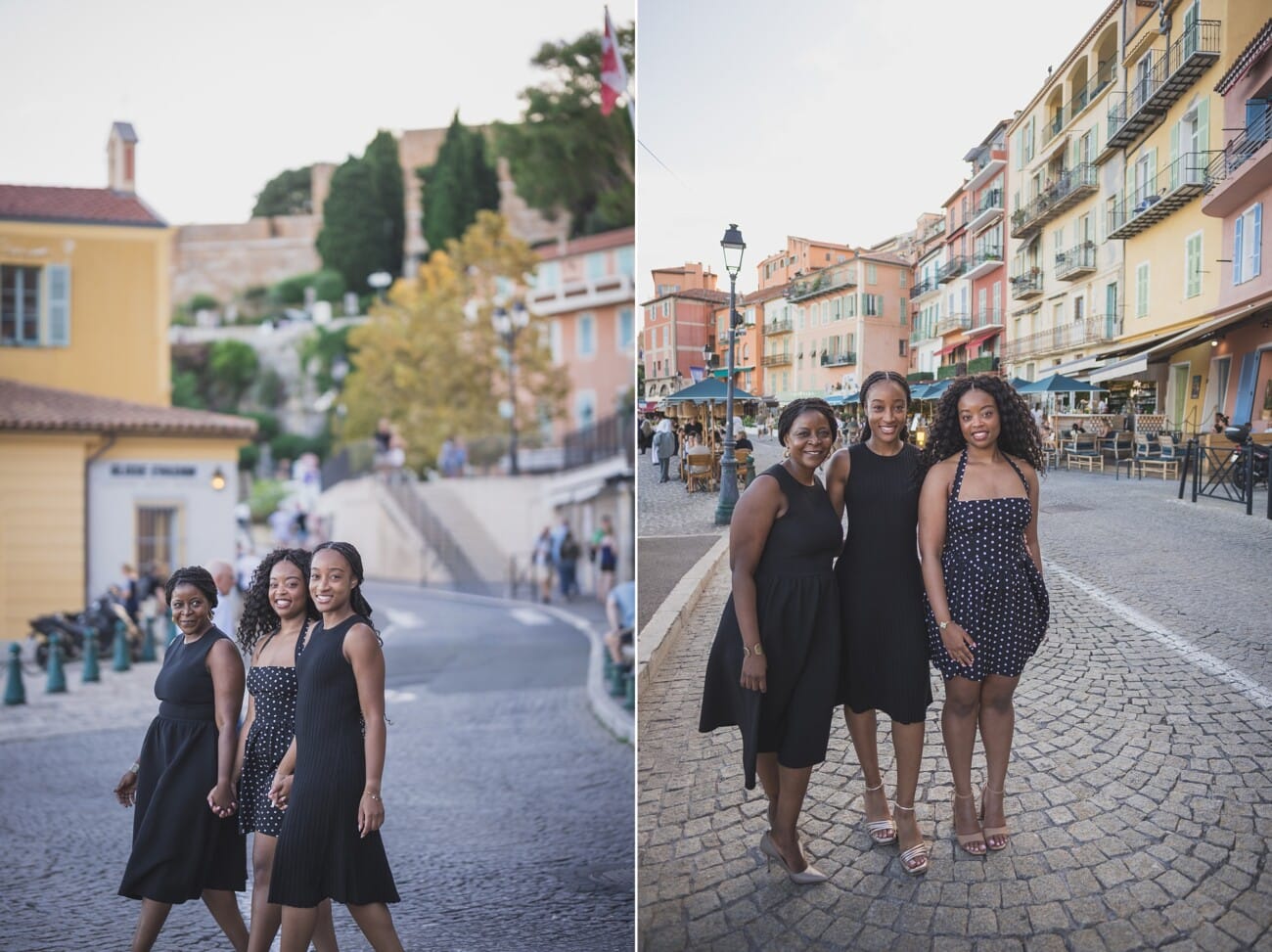 The Ultimate Girls’ Trip: A Mother and Daughters’ Legacy Session on the French Riviera 14 Mother and daughters walking through the colorful, narrow alleys of the authentic seaside town, Villefranche-sur-Mer.