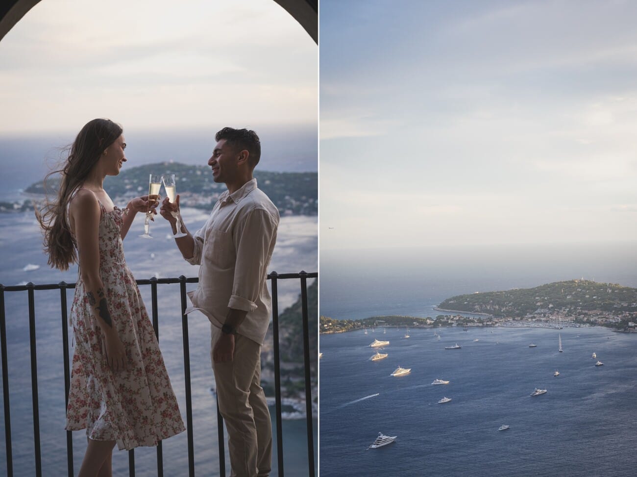 Couple standing on the privatized terrace of Château Eza battling the wind with a smile.