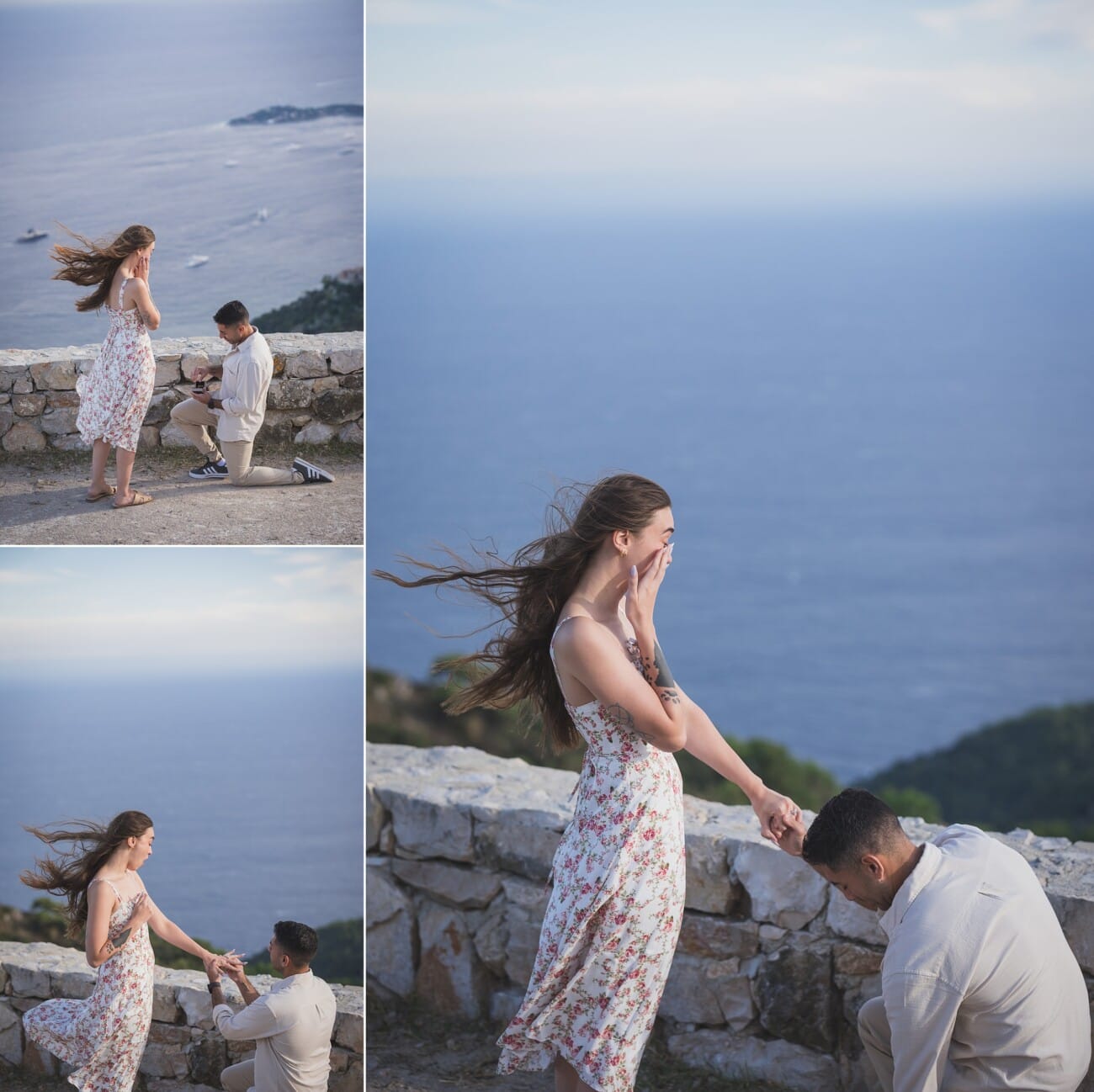 Groom dropping to one knee for a windy proposal on a cliff overlooking Eze and the Riviera