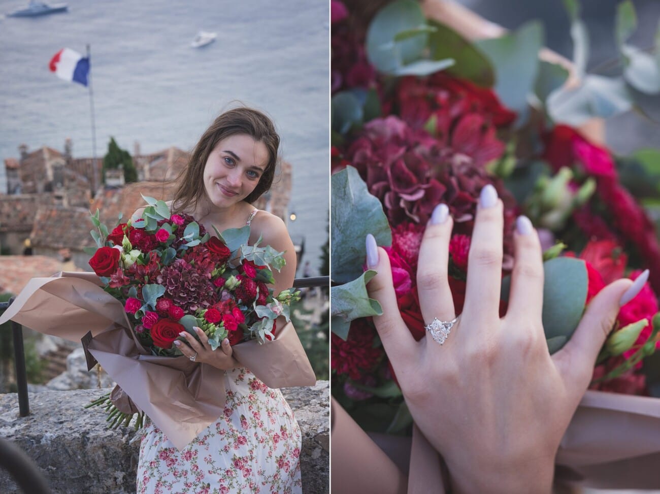 Close up of a gorgeous red floral bouquet prepared for a romantic Fall proposal on the French Riviera.