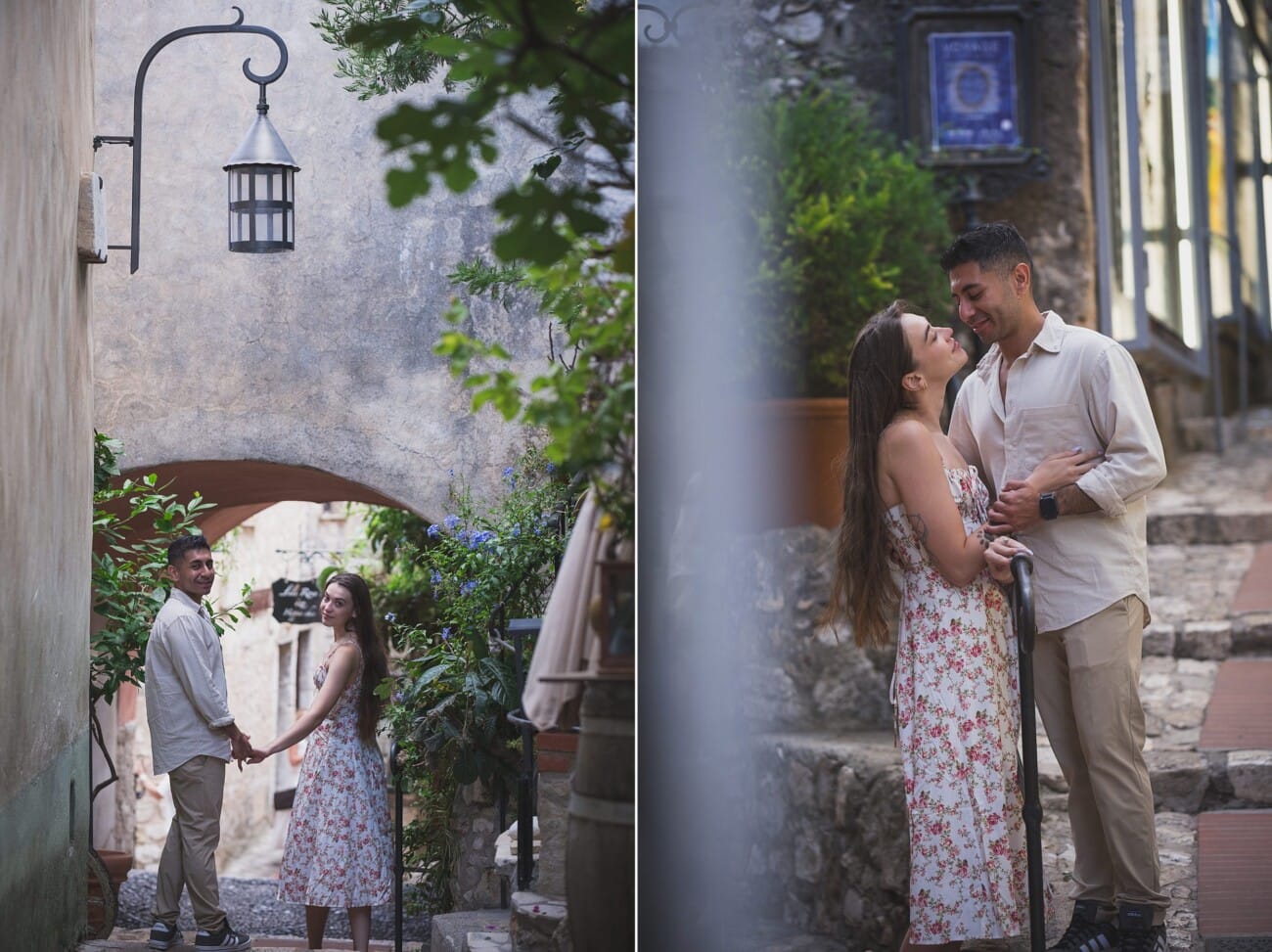 Intimate engagement portrait taken against the ancient stone walls and architecture of Eze.