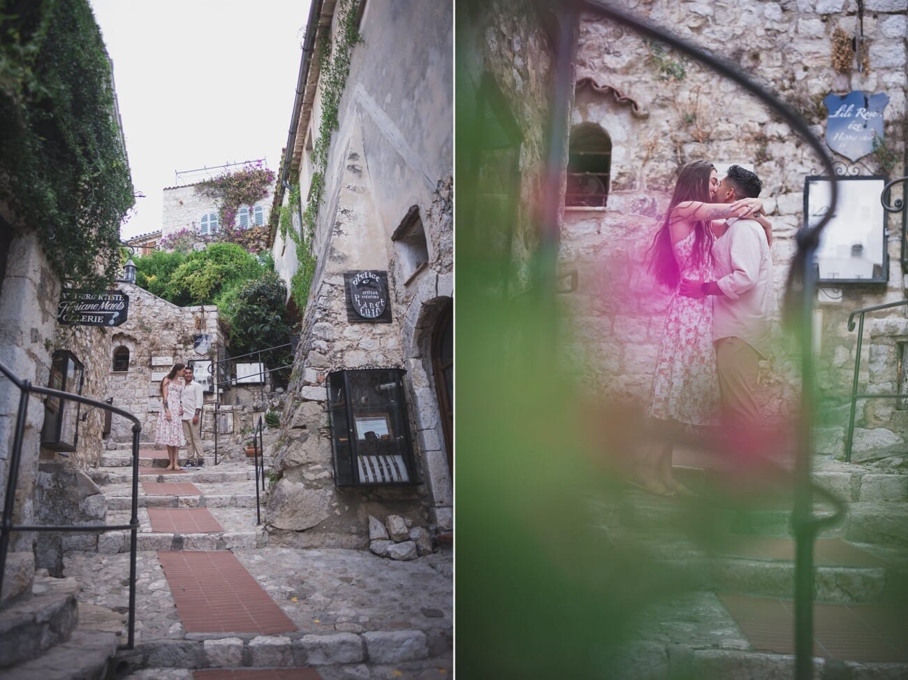 The couple walking through the narrow, medieval cobblestone alleys of Eze village.