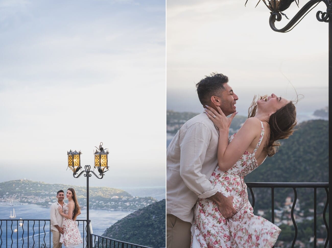Dramatic portrait of the couple on the Château Eza balcony with storm clouds gathering over the sea