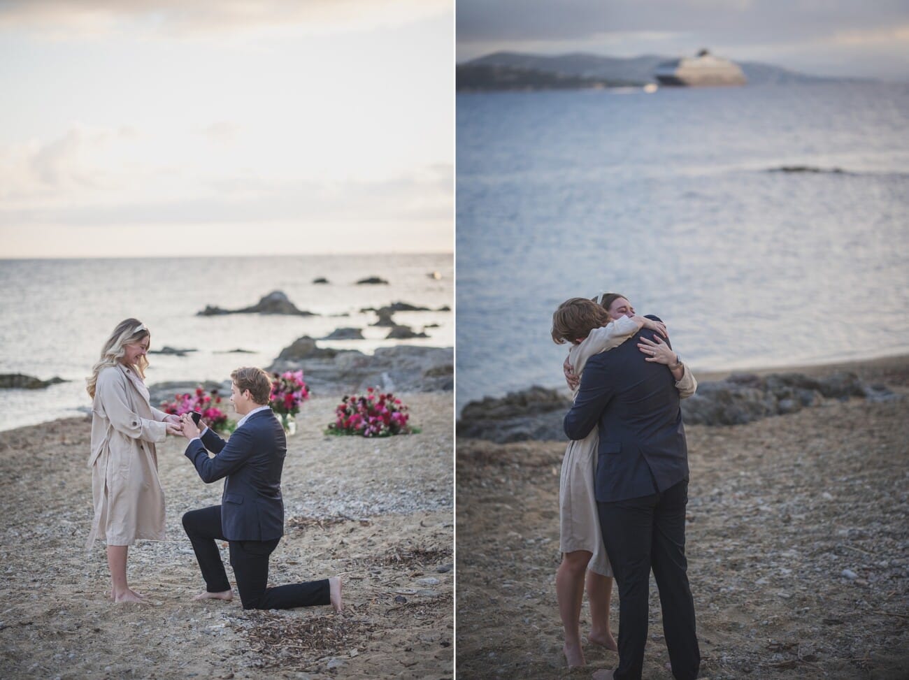 Saint Tropez early morning proposal planned on the beach with flowers and champagne at sunrise
Planning and photography WildRoses