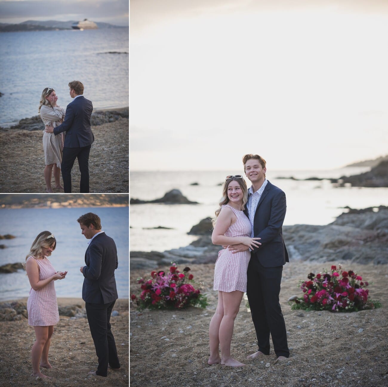 Saint Tropez early morning proposal planned on the beach with flowers and champagne at sunrise
Planning and photography WildRoses