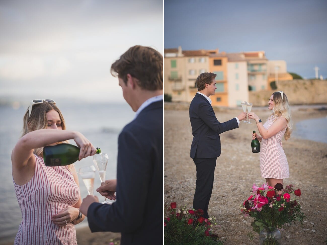 Saint Tropez early morning proposal planned on the beach toasting champagne glasses.
Planning and photography WildRoses