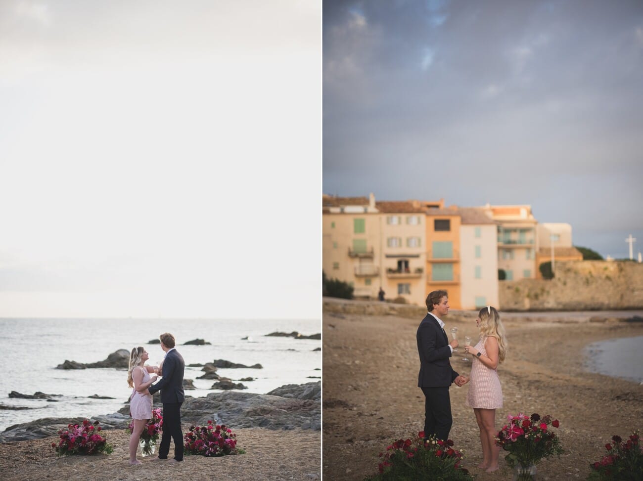Saint Tropez early morning proposal planned on the beach toasting champagne glasses.
Planning and photography WildRoses