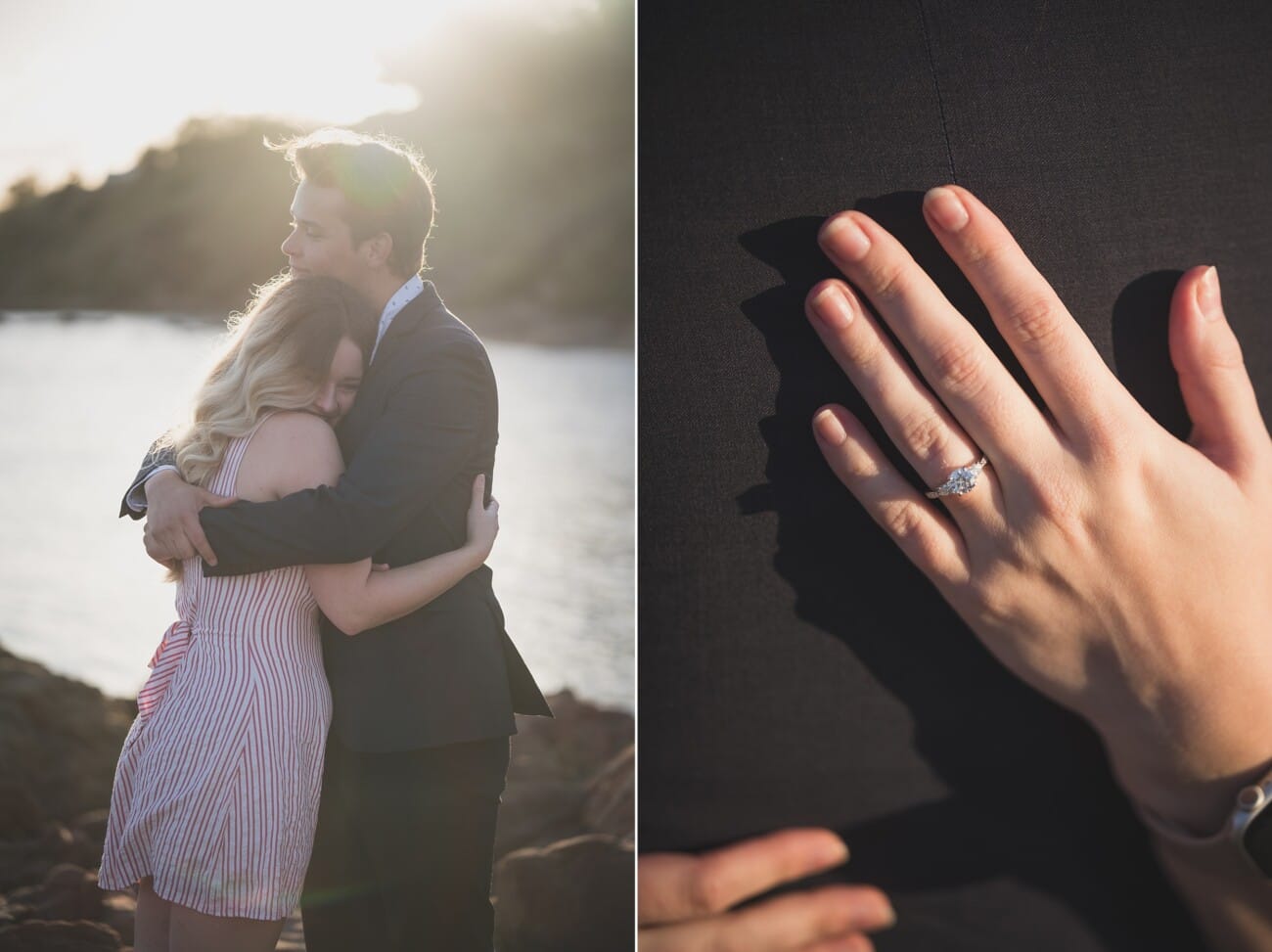 Couple embracing during sunrise proposal.