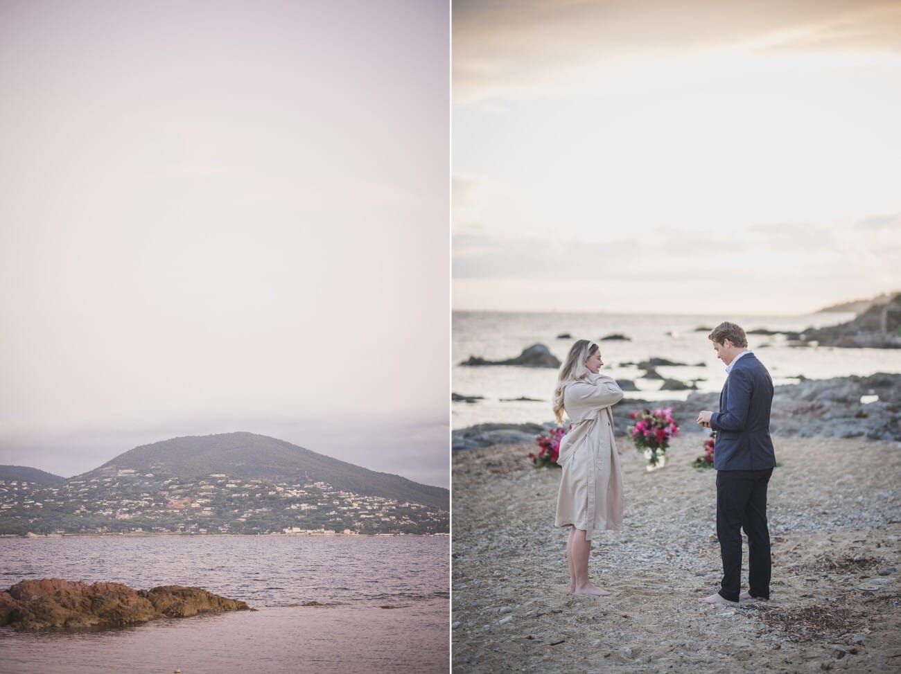 Saint Tropez early morning proposal planned on the beach with flowers and champagne at sunrise
Planning and photography WildRoses