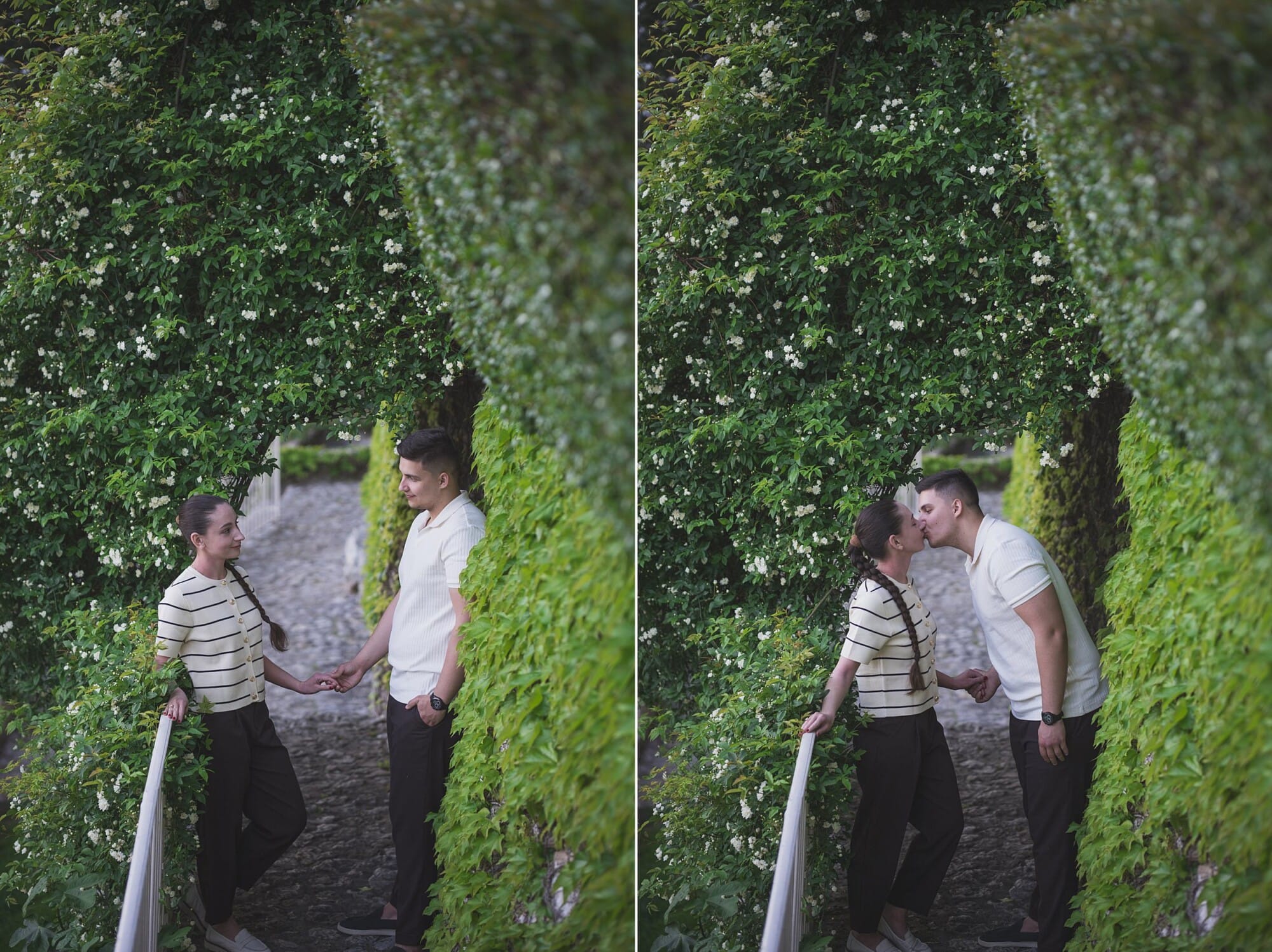 Eze Chateau Chevre d'or Proposal couple exploring the garden surrounded by banks rosesProposal Planning & photography WildRoses