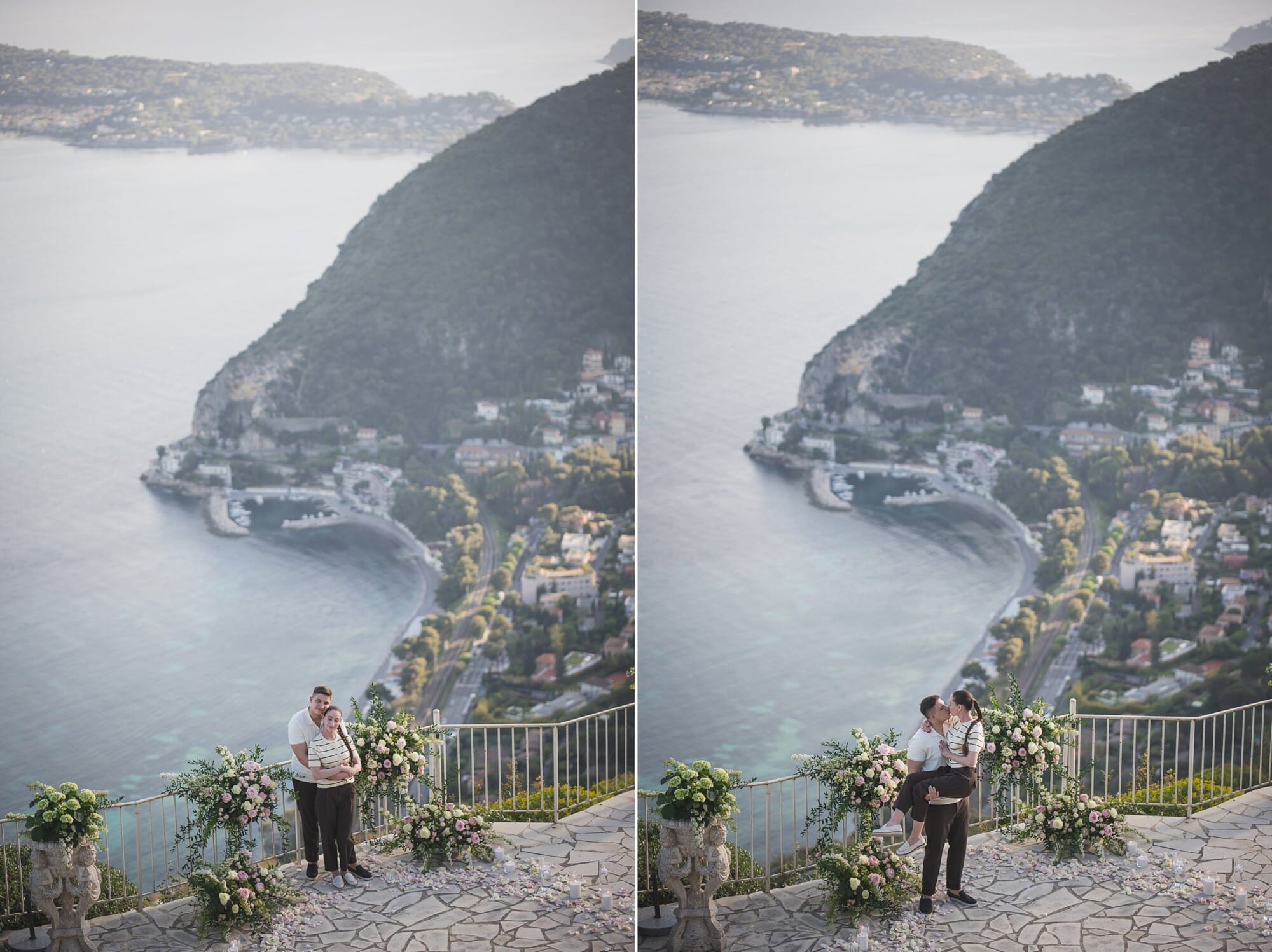 Eze Chateau Chevre d'or Proposal couple with French Riviera coastline view behind themProposal Planning & photography WildRoses