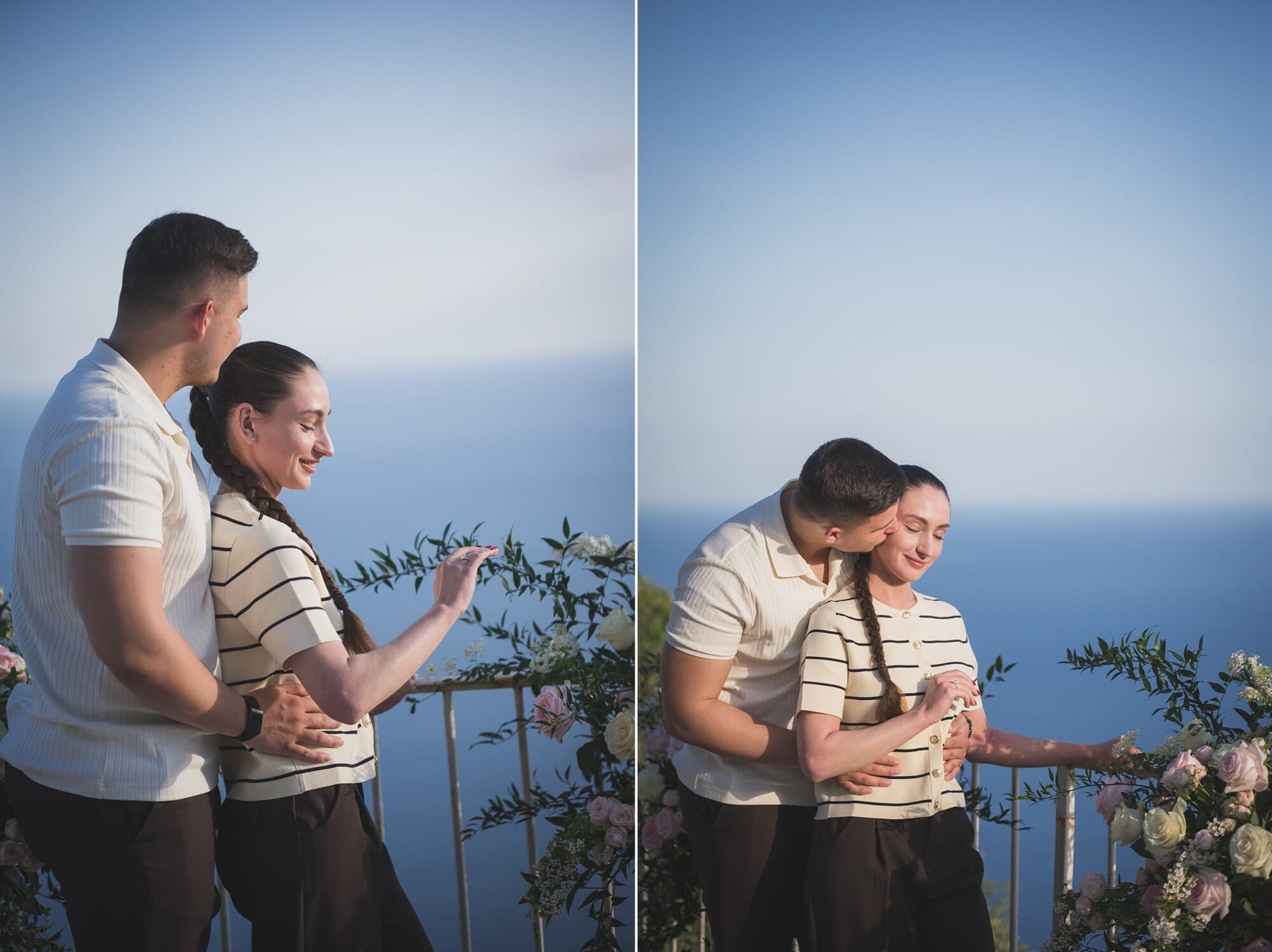 Eze Chateau Chevre d'or Proposal couple hugging with flowers around themProposal Planning & photography WildRoses