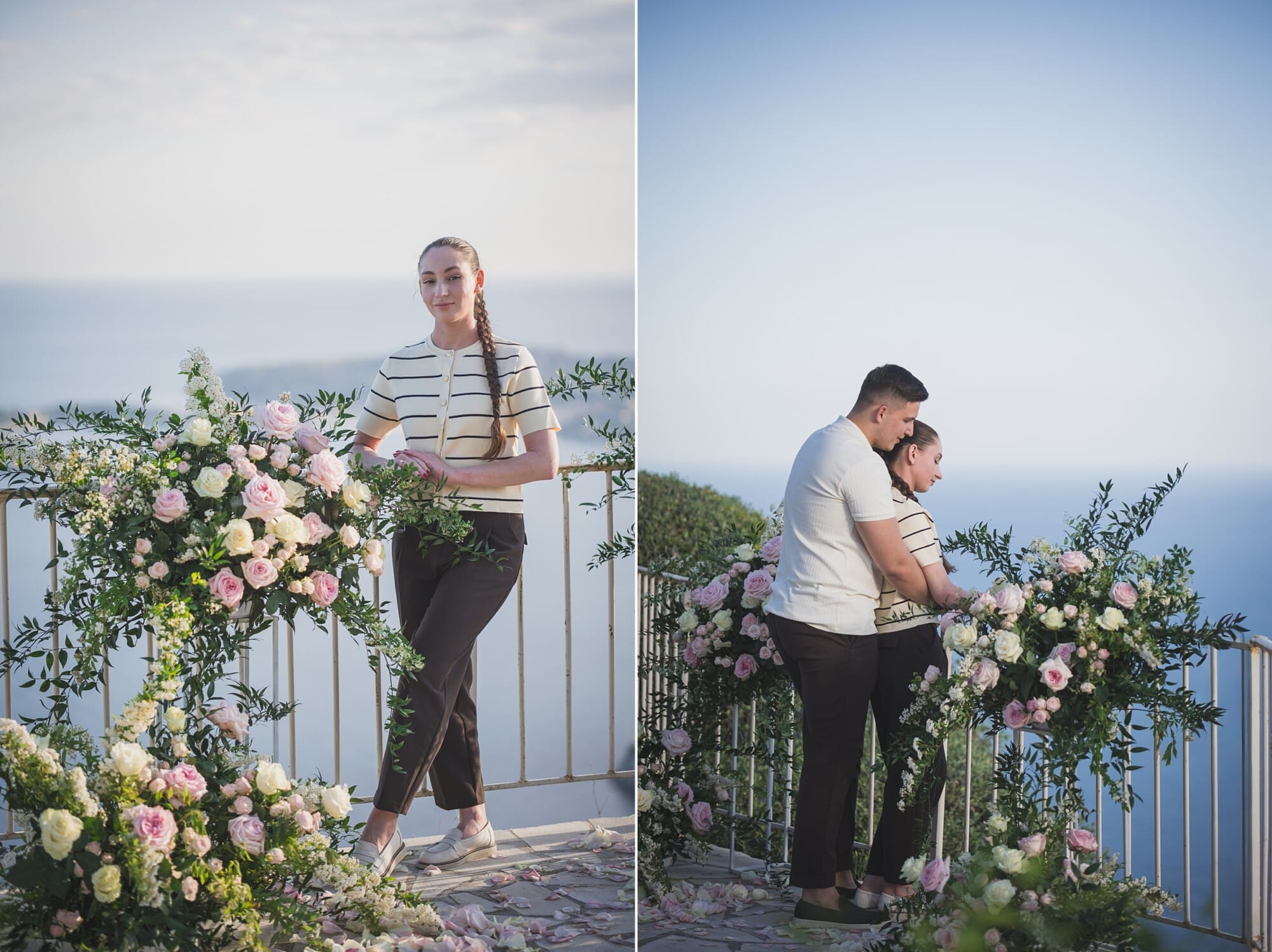 Eze Chateau Chevre d'or Proposal couple hugging with flowers around themProposal Planning & photography WildRoses